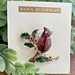 PinDana Buchman Red/Green Enamel Cardinal Bird Gold Tone Rhinestones Brooch NWT
